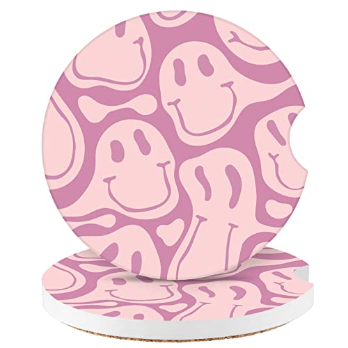 Car Coasters,Purple Smily Absorbent 2 Pack for Cup Holders with Finger Notch,2.56 inches Ceramics Heat Resistant Anti Slip Cork Base Car Drinks Coasters Auto Cup Holder(Pink Smily) - color: Pink Smiley Face