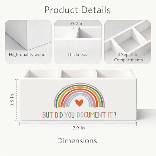 But Did You Document It Wooden Desk Organizer Pen Holder | Motivational quote design; 3-compartment wooden caddy holds pens, pencils, and supplies for office, home, or classroom. - color: Document It Rainbow