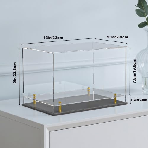 Acrylic Display Case for Collectibles, Dustproof Acrylic Box with Clear Display Elevation & Gold Risers, Large Display Case for Figures Toys Memorabilia, 13" L x 9" W x 9" H - size: 13"L x 9"W x 9"H