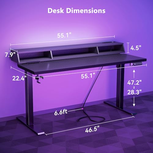 OffiGo Gaming Standing Desk with LED Light, 55 Inch Electric Height Adjustable Table with Power Outlet & Monitor Stand, Sit Stand Computer Workstation for Home, Bedroom, Black