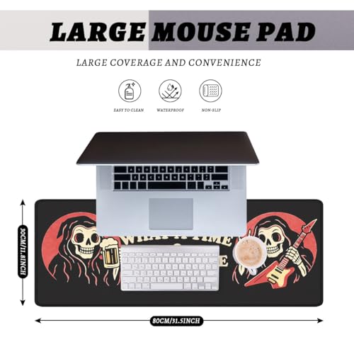 Funny Skeleton Gaming Mouse Pad Rock Music Vintage Quote Large Desk Mat Waterproof Stitched Edges Rubber Base Non-Slip Deskmap Computer Keyboard Mat Office Computer Keyboard Laptop 31.5"x11.8" - color: Funny Skeleton