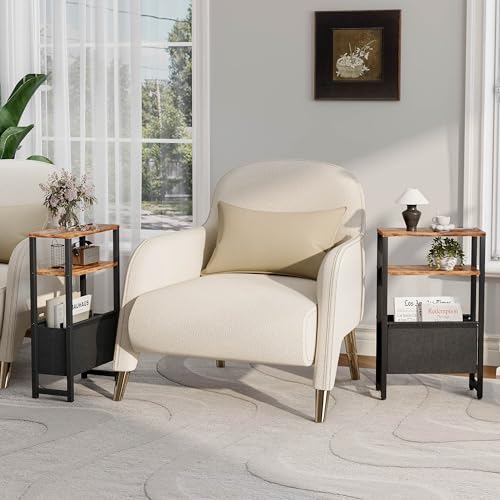 Narrow Side Table, Slim End Table with Magazine Rack, Skinny Bedside Table for Small Spaces, 3 Tier Sofa Couch Table Nightstand for Living Room, Bedroom, Rustic Brown LET503R - color: Rustic Brown, style: No Charging Station