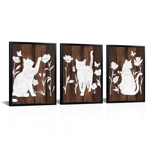 LoveHouse Framed Cat Wall Art Brown and White Cat Silhouette Canvas Set with Flowers & Butterflies, Rustic Farmhouse Artwork for Bathroom Kid's Room Bedroom Cat Lover Wall Decor