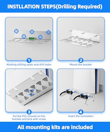 PS5 Wall Mount Aluminum Alloy Compatible with All PS5 Generations Holds Two Controllers Unimpeded Heat Dissipation Ps5 Accessories Universal for Living Room and Bedroom (Silver) - color: Silver