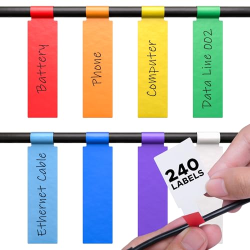 XFasten Cable Labels Tags for Cable Management 240 pcs Waterproof Cord Labels for Electronics 8 Colors Easy to Write On and Smudge-Resistant for Ethernet Cord, Charger, Audio Wires