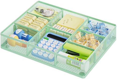 Marbrasse Desk Drawer Organizer, Metal Mesh Drawer Organizer Tray with 5 Adjustable Compartments,Desk Organizers and Accessories for Home,Office,Kitchen,Makeup,Vanity (Green) - color: Green