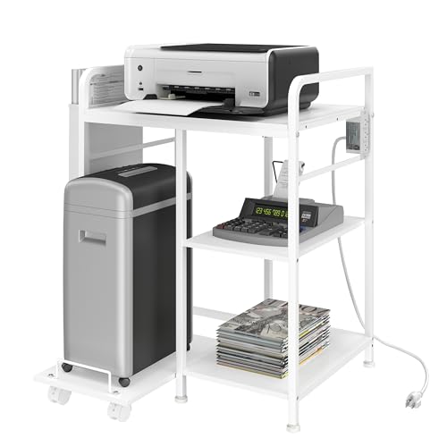 Sedegn Large Printer Stand with 3 AC Outlets for Home Office Devices | Heavy-Duty Printer Table for Laser Printer, Side Paper Storage Bag, 3-Tier Organizer for Shredder, PC Tower & Supplies, White - color: White