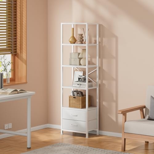 Furnulem 5-Tier Corner Shelf, Narrow Bookshelf with 2 Storage Drawers, Tall Bookcase, Wood Display Standing Shelf Organizer Unit for Living Room, Bedroom, Metal Frame(White) - color: White, size: 5 Tier