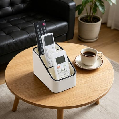 PU Leather Remote Control Holder, Small Desk Organizer Office Supply Bedside Caddy for Nightstand End Table Couch, Pen Remote Organizer with 3 Compartments (Cream) - color: Cream