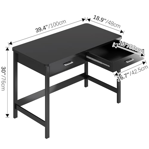 4NM 39.4" Small Desk with Wood Drawers, Home Office Computer Desk with Wooden Legs, Study Writing Table Vanity Desk for Small Spaces - Black - color: Black