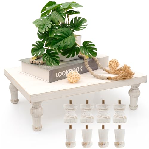Wooden Riser Decorative Tray, Farmhouse Wood Pedestal Stand, Rustic Whitewashed Tray Riser Display Stand, Coffee Bar, Dining Room, Centerpiece, Kitchen, Bathroom Table Decor (Washwhite)
