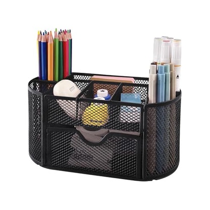 Newkita Desk Organizers and Accessories with Pencil Pen Holder Supply 8 Compartments and 1 Pullout Drawer for Home, School, and Office. (Black) - color: black