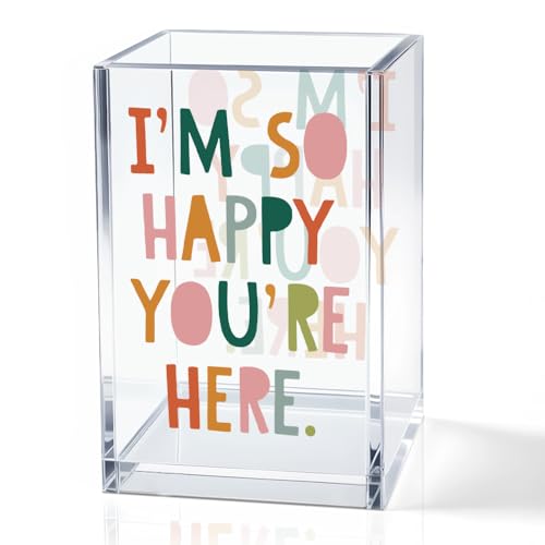 I'm So Happy You're Here Acrylic Cosmetic Pencil Holder Cup, Funny Boho Pen Holder for Women, Home Office Classroom Desk Accessories, Inspirational Gifts for Daughter, Make up Brush Organizer - color: red & pink