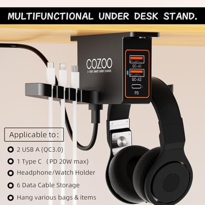 cozoo Headphone Stand with USB Charger Under Desk Headset Holder Mount 3 USB Charging Station,iWatch Stand Watch Dock Dual Earphone Hanger Hook,PC Accessories Gifts,UL Tested - color: Black ( PD & QC3.0 )