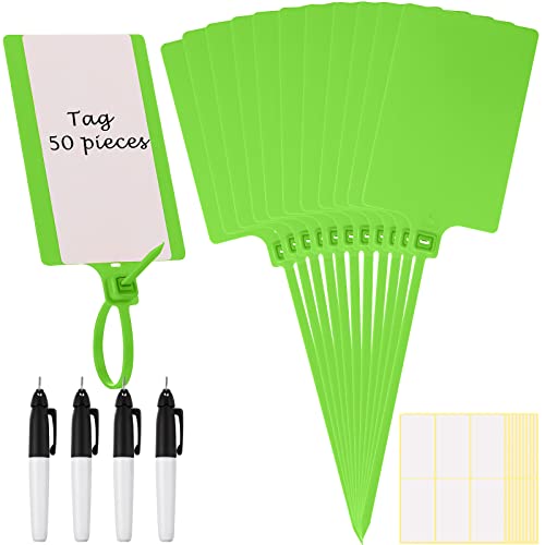Pajean 50 Pieces Waterproof Plastic Tags with Marker Pens and Sticker Labels, Self Locking Bag Writable Tags with Wire Cable Ties for Luggage (Green) - color: Green