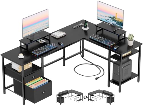 Furologee 66” L Shaped Desk with Power Outlet, Reversible Computer Gaming Desk with File Drawer & 2 Monitor Stands for Home Office with Storage Shelves, Black - color: Black, size: 66 Inch