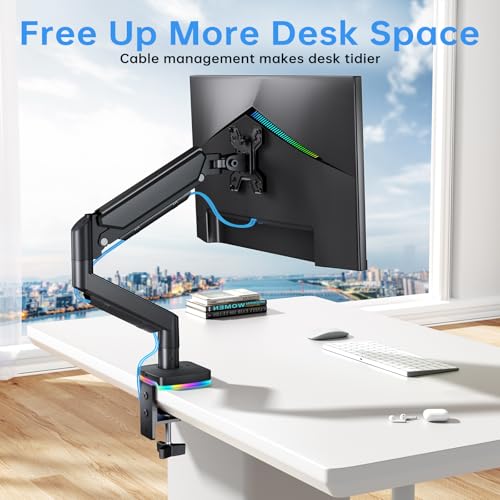 RGB Single Monitor Stand, Gas Spring Monitor Arm with 3 USB Ports, Charging and USB Data Transfer Function, Desk Mount for 13"-32" Monitors up to 19.8lbs, Adjustable Height, Tilt, Swivel, Rotate - size: RGB Single Arm