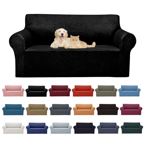 Cupuamon 2026 New Stretch Loveseat Sofa Slipcovers Couch Cover for 2 Cushion Furniture Protector Sofa Covers with Elastic Bottom Jacquard Fabric Small Checks for Pets, Kids - Black - color: Black, size: Loveseat