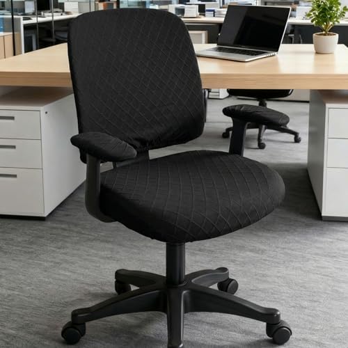 Stretch Jacquard Office Chair Cover with Armrest Covers, Removable Washable Desk Chair Cover, Anti-dust Seat Cushion Protectors -Seat + Backrest, Black - color: Black, size: Chair Seat + Backrest + Armrest Cover