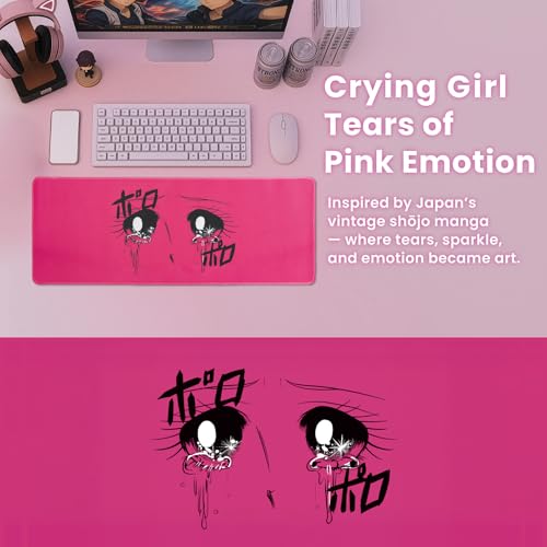 BELLEMOND Japanese Art Desk Mat | Large 31.5x11.8in Anime Mouse Pad for Keyboard & Mouse | Non-Slip Base, Water-Repellent | Original Japanese Design | Crying Girl - Tears of Pink Emotion - color: Crying Girl - Tears of Pink Emotion