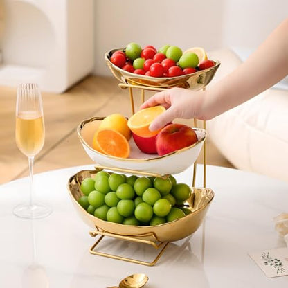 Gold Silver Fruit Bowl with Metal Stand, 3 Tier Ceramic White Fruit Bowl Fruit Rack for Kitchen Counter, Tiered Fruit Basket for Snacks Bread Candy Storage (Gold (Smooth Surface)) - color: Gold (Smooth Surface)