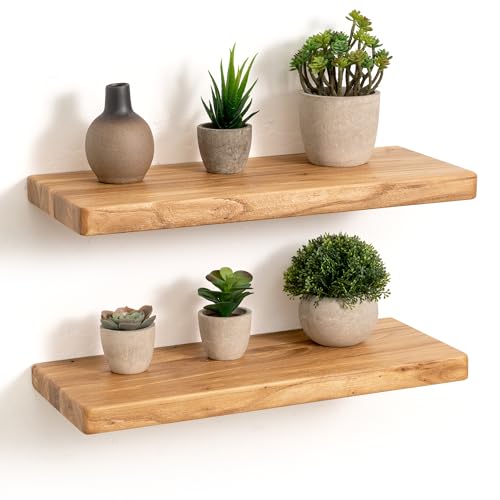 Fun Memories Rustic Solid Elm Wood Floating Shelves, 18" W x 8" D Floating Shelf Wall Mounted, 8 Inch Deep Wall Shelves, Wooden Bathroom Shelf for Home, Deep Bookshelf for Living Room, Set of 2 - color: Usa-sourced Elm Wood, size: 18"W x 8"D