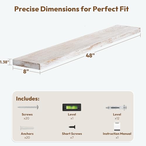 Flat Edge Elm Wood Floating Shelf with Invisible Bracket 48”Weathered White - color: Weathered White, size: 48”,set of 1