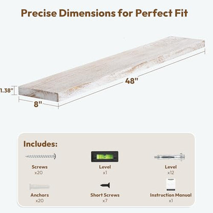 Flat Edge Elm Wood Floating Shelf with Invisible Bracket 48”Weathered White - color: Weathered White, size: 48”,set of 1