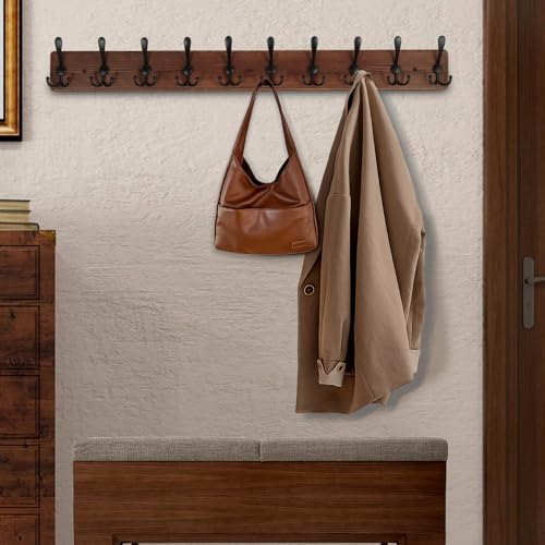 Large Coat Rack Wall Mount 38.6'' Rustic Wood Coat Rack Hook Long Coat Hooks Wall Mount Farmhouse Wall Hooks for Hanging Coat, Bags, Towels - color: Brown Plate & Black Hook, size: 1 Item-10 Hooks