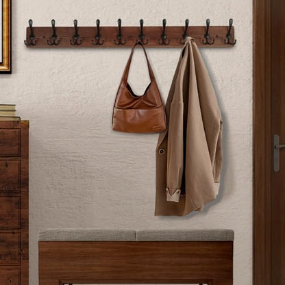 Large Coat Rack Wall Mount 38.6'' Rustic Wood Coat Rack Hook Long Coat Hooks Wall Mount Farmhouse Wall Hooks for Hanging Coat, Bags, Towels - color: Brown Plate & Black Hook, size: 1 Item-10 Hooks