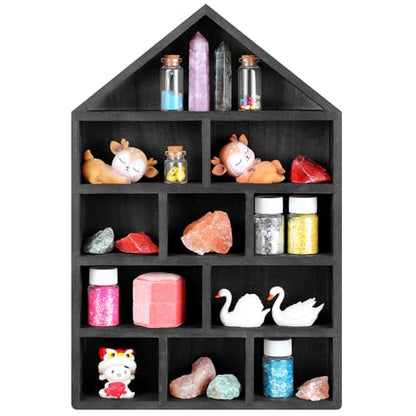 Threehoney House Shaped Wooden Shadow Cubby Box Hanging Display Shelf Organizer Wall Mounted Curio Cabinet Wooden Display Case Miniature Shelf for Figures(Black,10 x 15 x 2.24 Inch) - color: Black