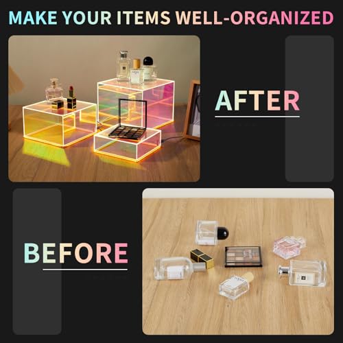 3Pcs Iridescent Acrylic Display Riser with LED light Plug and Play | Lighted Stackable Acrylic Cube Boxes Stand with Hollow Bottom for Figures Jewelry Perfume Purse Liquor Food Buffet Riser - color: Iridescent-LED light-3pcs