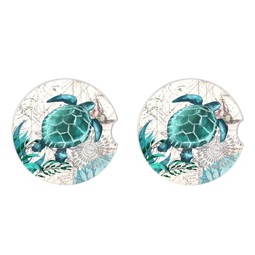 2 Pack Sea Turtles Pattern Absorbent Car Coasters for Cup Holders,2.56" Ceramic Coasters with Cork Back and Finger Slot,Auto Accessories for Women & Men. - color: Sea Turtles 1