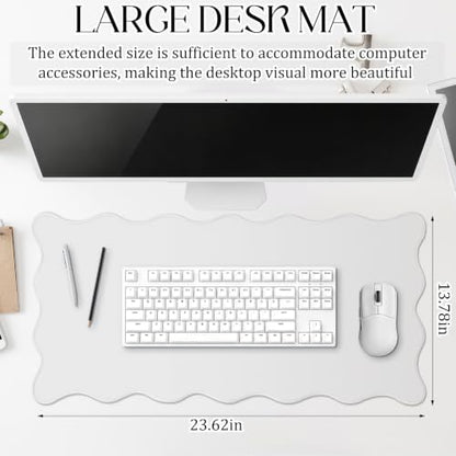 Hahafelt Scalloped Desk Mat Large Desk Pad Cute Coquette Table Mat Back to School Preppy Table Make up Pad Nonslip Graduation Gift with Stitching Waterproof Gaming(White,23.6 x 13.8 Inches) - color: White, size: 23.6 x 13.8 Inches