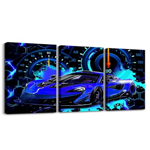 Feelyou Kids Blue Race Car Picture Wall Decor Speed Sports Car Canvas Wall Art for Living Room Bedroom Boys Girls Racing Car Wall Painting Prints Extreme Sports Bathroom Wall Art 12"x16"x 3Pcs - color: Multi K02