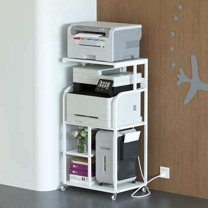 VEDECASA Mobile High Printer Stand with Power Outlet Charging Plugs USB Port Office Storage Shelf Includes Computer Tower CPU Stand Holder with Wheel (White) - color: White