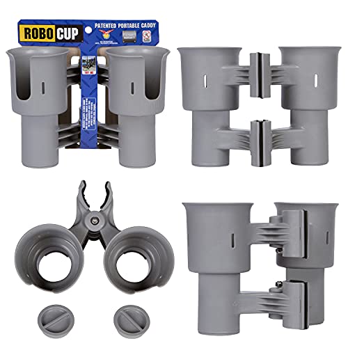 ROBOCUP, (Gray), Patented Clamp On Boat Cup Holder |Multifunction Dual Drink Caddy for Fishing Poles, Tools, Net, Gaff |Portable Storage for Boating, Beach, Umbrellas, Golf Carts, Strollers - color: Gray, size: Standard Spring