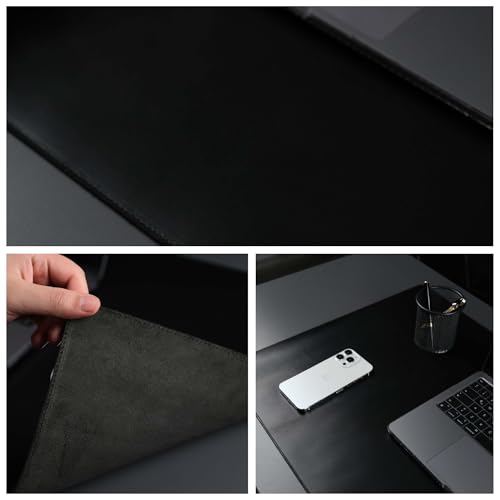 Jersey Genuine Calfskin Leather Desk Pad, Office Desk Mat with Non-Slip Bottom, Smooth Surface for Mouse & Keyboard, Desk Protector (36x19 inches) (Black) - color: Black