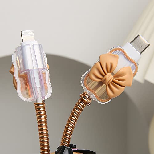 Compatible with iPhone 18W/20W USB-C Charger Cover Cute 3D Bow Tie Design Clear Soft Charger Protector Kawaii Cable Saver for iPhone 11 12 13 14 Pro Max Fast Power Adapter, Brown 2 (5in1) - color: Brown 2 (5 in 1)