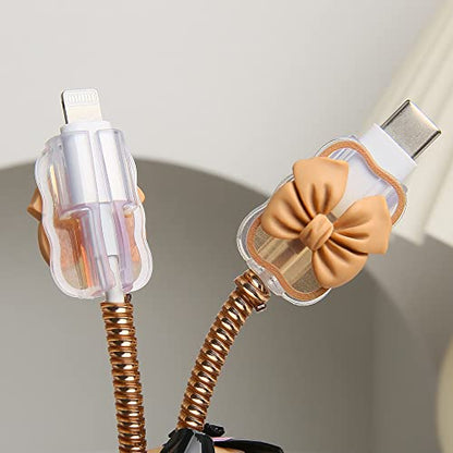 Compatible with iPhone 18W/20W USB-C Charger Cover Cute 3D Bow Tie Design Clear Soft Charger Protector Kawaii Cable Saver for iPhone 11 12 13 14 Pro Max Fast Power Adapter, Brown 2 (5in1) - color: Brown 2 (5 in 1)