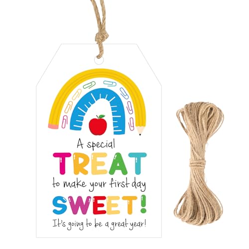 G2PLUS First Day of Schools Tags, 50PCS Back to School Tags, A Great School Year Tag for Students and Teachers, Rainbow Welcome Back to Schools Tag with String for Classroom Party Favors - style: Rainbow First Day of School