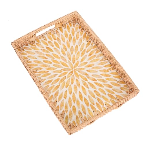 Rectangle Rattan Tray with Mother of Pearl Inlay, Rattan Serving Tray with Handle for Coffee, Bread, Fruits, Snacks, Decorative Wicker Tray for Table Decor (Rectangle Amber Leaf, 13"×9") - color: Amber Leaf