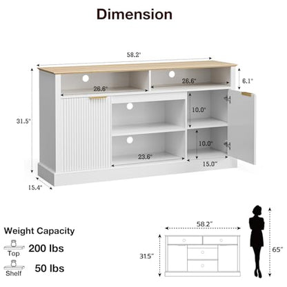 LCRBOL TV Stand for up to 65" TV, Mid-Century Entertainment Center, White | 63"W x 15.4"D x 25"H, 2 fluted cabinets, 1 drawer & open shelves, natural top, top holds 180 lbs, ~90 min assembly - color: White & Natural