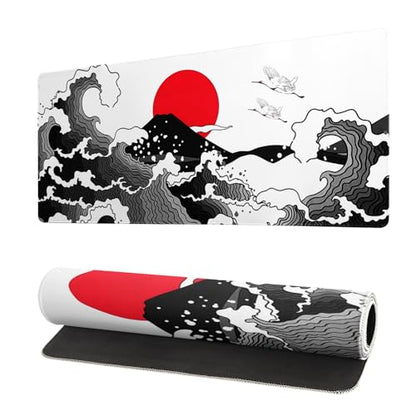 Japanese Red and Black Wave Gaming Mouse Pad Extended Large Mouse Mat Desk Pad Sea Texture Non-Slip Rubber Base Wave Mousepad Stitched Edges Keyboard Desk Pad for Office Home Game 27.6x11.8 Inch - color: Japanese Red and Black Wave