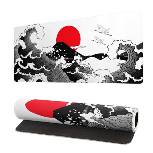 Japanese Red and Black Wave Gaming Mouse Pad Extended Large Mouse Mat Desk Pad Sea Texture Non-Slip Rubber Base Wave Mousepad Stitched Edges Keyboard Desk Pad for Office Home Game 27.6x11.8 Inch - color: Japanese Red and Black Wave