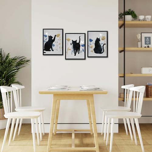 LoveHouse Framed Black Cat Silhouette Wall Art Cat with Blue and Gold Botanical Floral Canvas Prints for Cat Lovers Ready to Hang Kid's Room Bedroom Bathroom Wall Decor