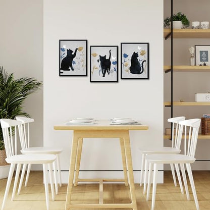 LoveHouse Framed Black Cat Silhouette Wall Art Cat with Blue and Gold Botanical Floral Canvas Prints for Cat Lovers Ready to Hang Kid's Room Bedroom Bathroom Wall Decor