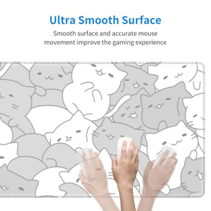 White Kawaii Cats E-Sport Mouse Pad Large Desk Mat Non-Slip Rubber Base Stitched Edge Keyboard Mouse Pad for Office Home E-Sport Computer Laptop, 31.5×11.8 Inches - color: White Kawaii Cats