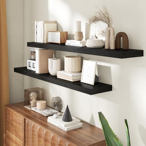 55 Inch Floating Shelves for Wall, 8 Inch Deep Floating Shelf for Storage & Display, Rustic Wall Mounted Shelf with Invisible Brackets for Living Room, Kitchen, Bathroom, Home Decor, Set of 2, Black - color: Black, size: 55 Inch, Set of 2