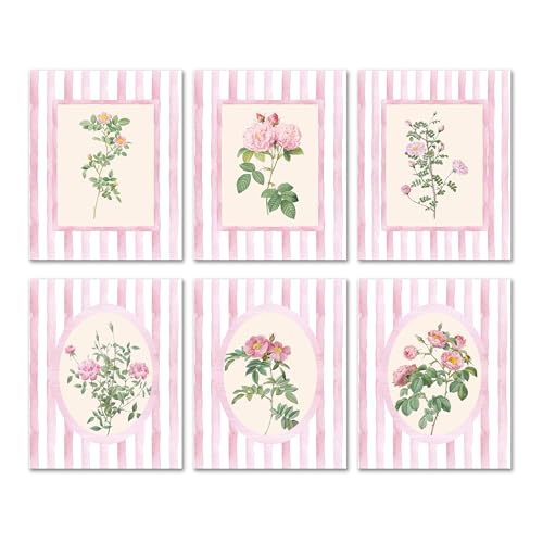 Isfvqyub Preppy Light Pink And White Flower Wall Art, Aesthetic Coquette Floral Poster For Girl Women, Trendy Watercolor Girly Wall Decor For Bedroom Dorm College Apartment, Set Of 6 -A12 - size: Pink And White Flower
